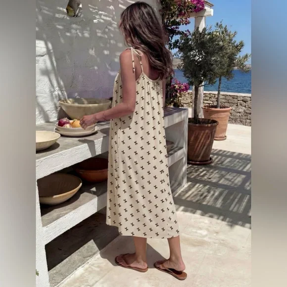 Chic Cream Brown Bow Midi Dress New Comfy Cozy Everyday Wear Boutique - Picture 2 of 6